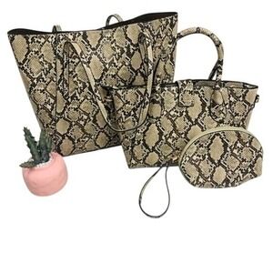 Snakeskin Print 3 Piece Handbag Set Tote Satchel Wristlet Beige Brown Gold Tone